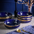 Stone Lain Florian 4-Piece Round Pasta Bowl Set, Blue with Gold Rim