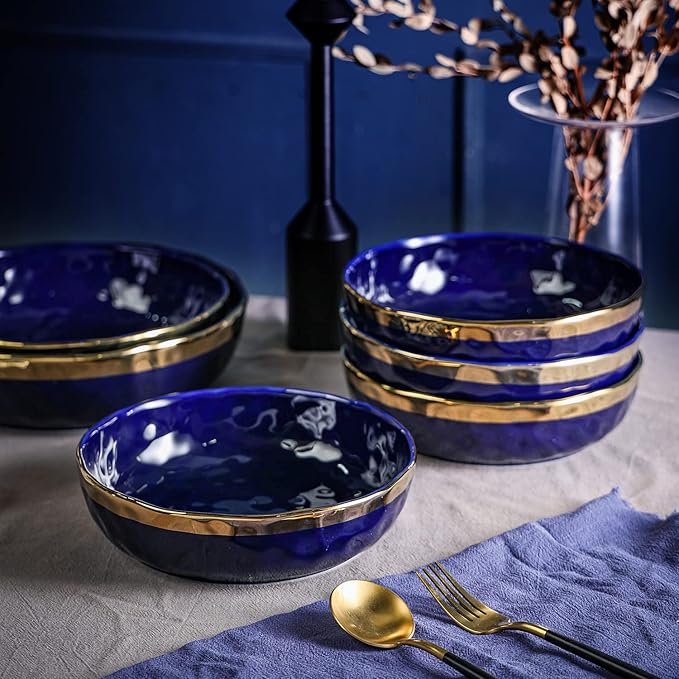 Stone Lain Florian 4-Piece Round Pasta Bowl Set, Blue with Gold Rim
