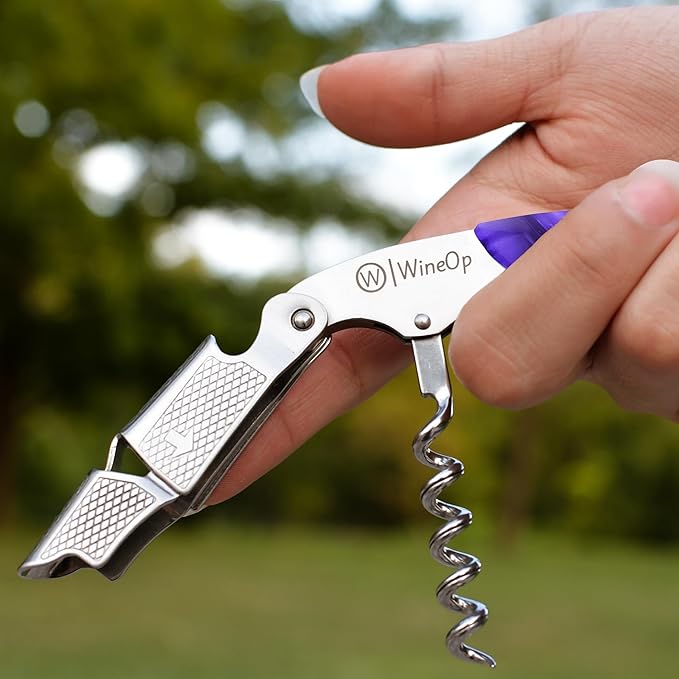 WineOp Professional Wine Opener Luxury Double Hinged Waiter's Corkscrew Wine Bottle Key - Cork screwer for Servers, Bartenders, Sommelier and Home Use | All-In-One Stainless Steel (Purple Resin)