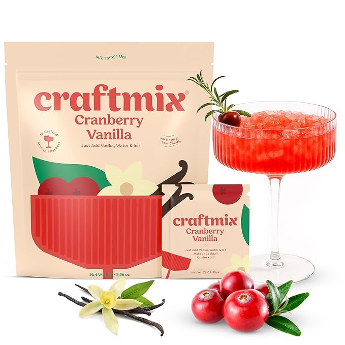 Craftmix Cranberry Vanilla Mix, Makes 12 Drinks, Cranberry Cocktail Mixer, Instant Skinny Cocktail and Mocktail Mix - With Real Fruit - Vegan Low Carb, Low Sugar, Non-GMO, Gluten Free, Easy to Mix