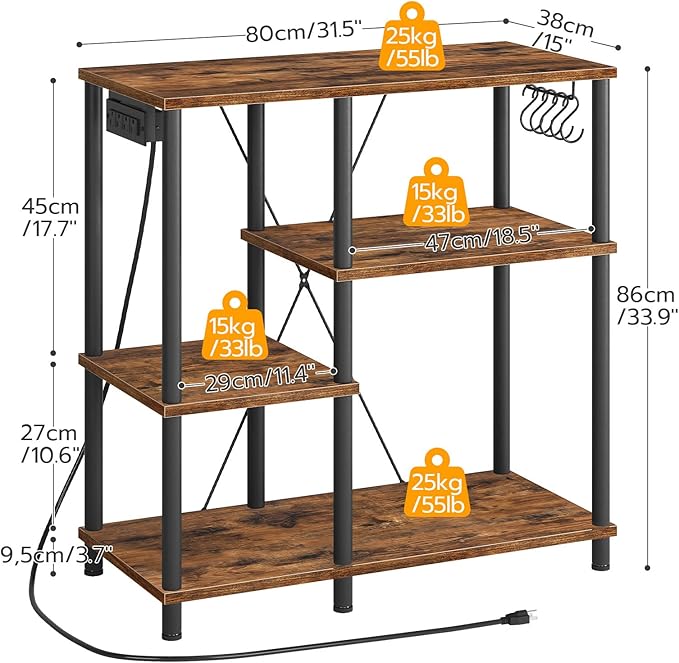 HOOBRO Bakers Rack with Power Outlet, Microwave Stand with 5 S-Shaped Hooks, Coffee Bar, Kitchen Storage Shelf, for Kitchen, Living Room, Rustic Brown and Black BF07UHB01