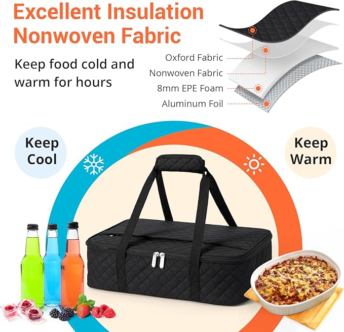 Insulated Casserole Carrier for Hot or Cold Food, Large Insulated Casserole Carrier, Reusable Lunch Box for Men/Women, for Men Adults Work Picnic Hiking Beach Fishing (Black) 17.12" x 11.42"x 4.53"