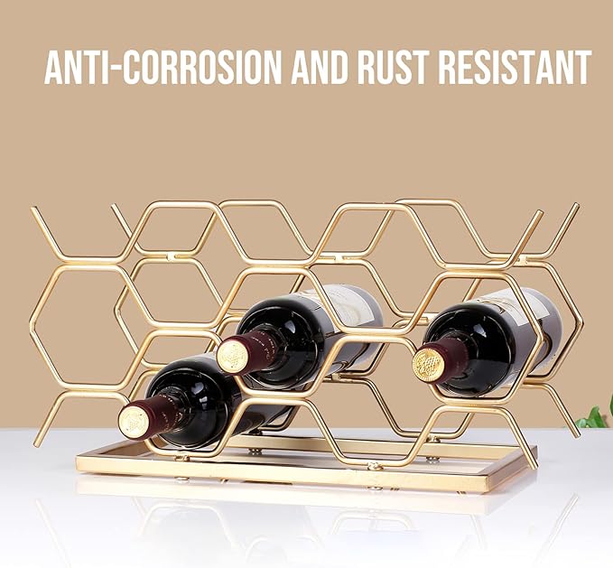 Countertop Wine Rack - 10 Bottle Freestanding Modern Gold Metal Small Wine Rack - Tabletop Wine Holder Stand for Cabinet, Pantry, Wine Bottle Storage……