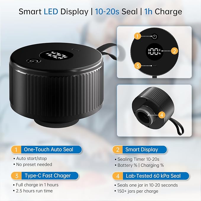 Electric Mason Jar Vacuum Sealer Kit, 3-in-1 Handheld Automatic Vacuum Sealer for Mason Jars, Food Savers & Containers | Ideal for Canning Jams, Pickles, Dry Foods, Grains | Present for Mom, Black