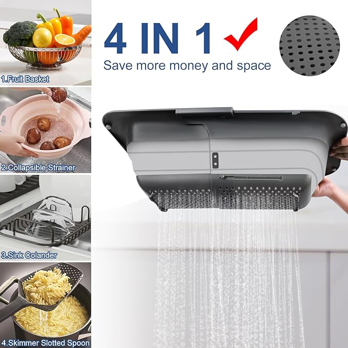 ROTTOGOON Collapsible Colander Strainer, Expandable Over the Sink Colander for Kitchen, Adjustable Silicone Sink Strainer, Foldable Large Colanders Basket to Wash Vegetable, Fruit, 15" to 19.8", Gray