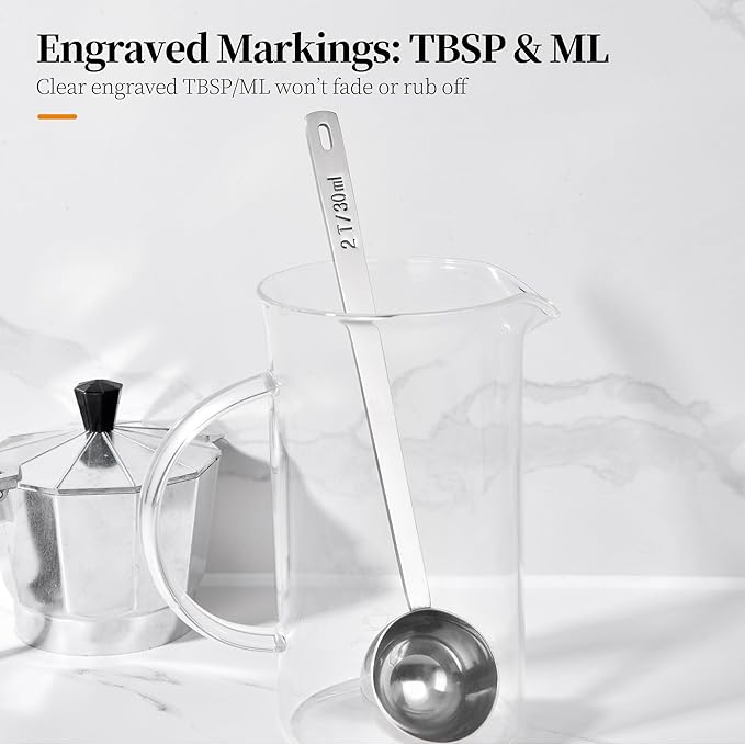 Long Handle Coffee Scoop: 8.6 Inch 18/8 Stainless Steel 2 Tablespoon Metal Measuring Spoon Tbsp Scoop for Coffee Beans, Grounds Coffee, Coffee Powder, Tea, Tall Jars (2Tbsp/30ml)