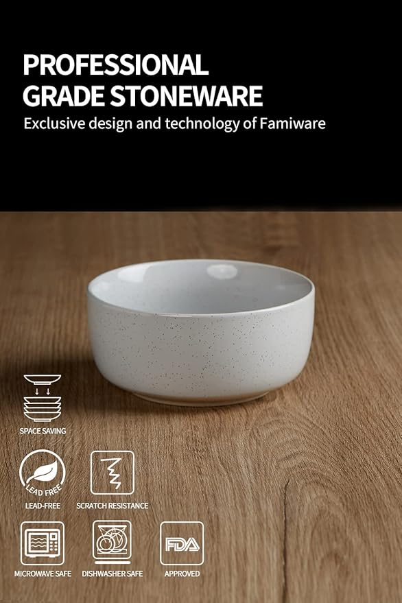 famiware Milkyway Cereal Bowl, Soup Bowls for 6, 25 Ounce Bowls Set for Kitchen, Bowl Set for Cereal Soup Rice Pasta Salad Oatmeal, Light Gray
