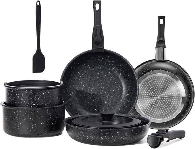 NEWBULIG 12-Piece Nonstick Kitchen Cookware Set, Pots and Pans with Detachable Handle, Induction Compatible, Dishwasher & Oven Safe, Space-Saving, Black