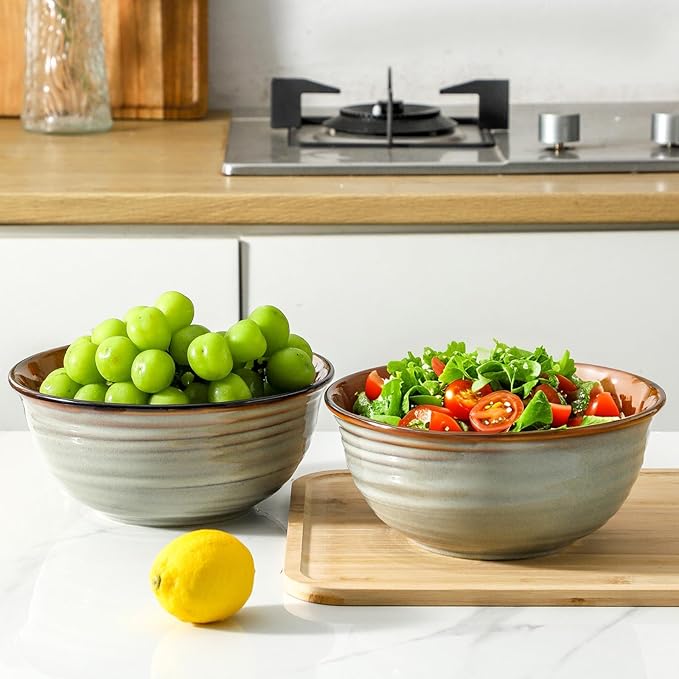 Mixing Bowls 65oz,Large Deep Ceramic Bowls for Kitchen Prep, Baking,Salad, Pasta, Ramen, Soup, Serving,Microwave & Dishwasher Safe Set of 2,Durable Matte Finish,Vintage Brown