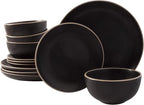 Gibson Home Rockaway 12-Piece Stoneware Dinnerware Set, Service for 4 – Modern Round Plates and Bowls, Dishwasher & Microwave Safe, Black