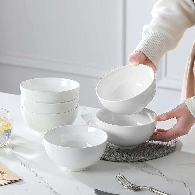 MALACASA 26 oz Porcelain Soup Bowls, White Ceramic Cereal Bowls for Kitchen 6 inch Bowls Set of 6 for Oatmeal Salad Fruit Rice Dishwasher and Microwave Safe, Series Regular