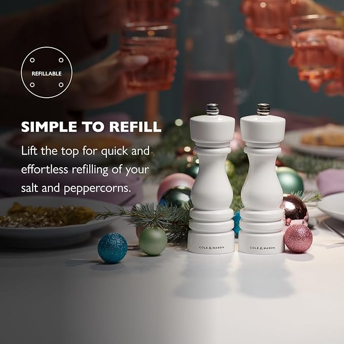 Cole & Mason London Refillable Spice Mill - Kitchen & Home Accessory - Salt & Pepper Grinder Set - Salt Mill with Ceramic Mechanism - Pepper Mill with Carbon Steel Mechanism - 7", White Gloss