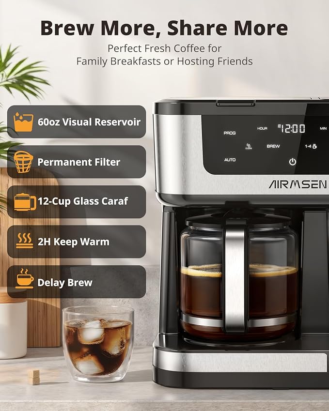 AIRMSEN 12-Cup Programmable Dual Coffee Maker – Single Serve Machine for K-Cup Pods & Ground, 1000W Fast Brew, Delay Start, 2H Keep Warm, Touchscreen, 60oz Tank, Glass Carafe – Home & Office