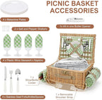 Picnic Basket for 4, Insulated Willow Picnic Baskets with Shoulder Strap, Picnic Hamper with Waterproof Picnic Blanket, Handmade Wicker Hamper for Outdoor Camping, GreenCheck
