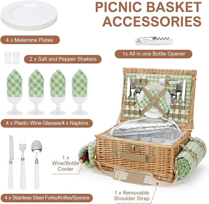 Picnic Basket for 4, Insulated Willow Picnic Baskets with Shoulder Strap, Picnic Hamper with Waterproof Picnic Blanket, Handmade Wicker Hamper for Outdoor Camping, GreenCheck