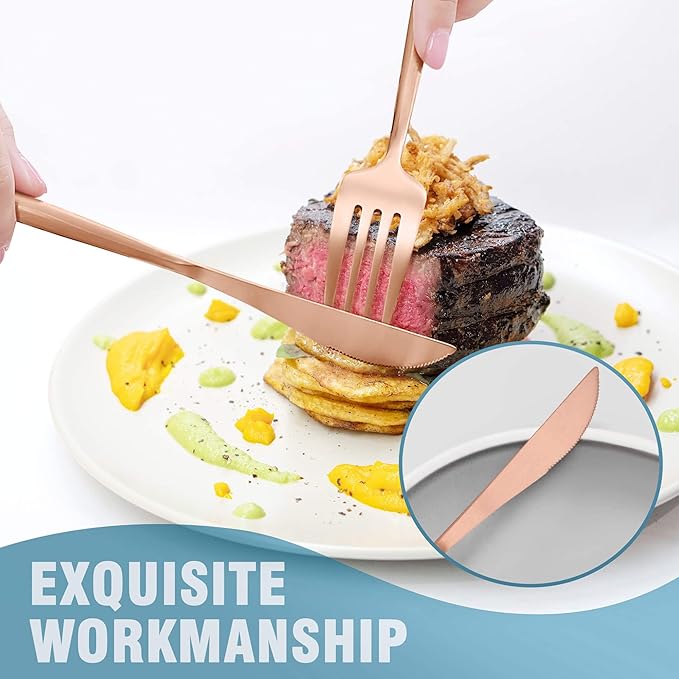 Lemeya Matte Rose Gold Silverware Set for 4,Modern Stainless Steel Brushed Cutlery Set,20-Pieces Heavy Duty Flatware Set,Knives Spoons and Forks Set Utensils Set, Satin Finish, Dishwasher Safe