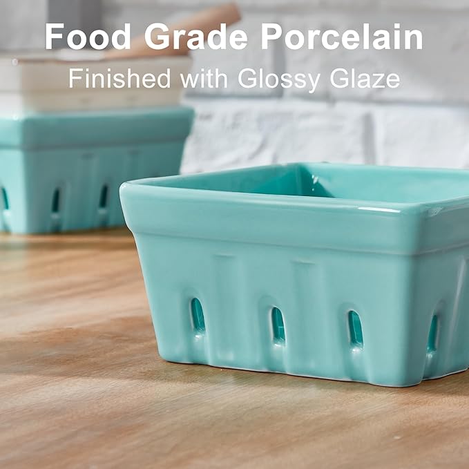 ONEMORE Berry Basket Ceramic Berry Bowls with Holes Square Fruit Bowl Berry Colander Containers for Fridge - 5.8" Fruit Basket for Kitchen Décor, Set of 2, Mint Green