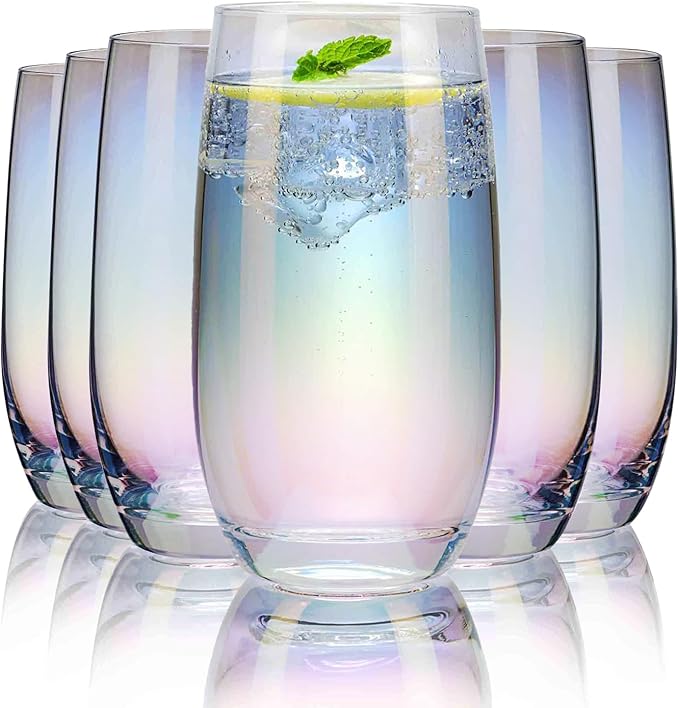 CUKBLESS Iridescent Drinking Glasses Set of 6 ，Crystal Highball Water Glasses，Glass Cups for Water, Juice, Beverage, Mojito，13 Oz