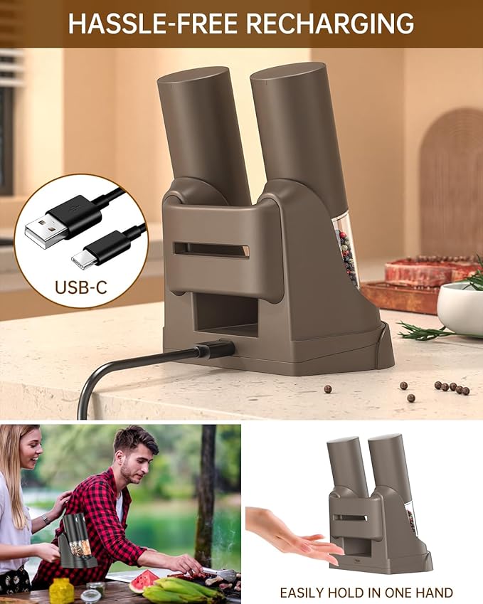 CIRCLE JOY Electric Salt and Pepper Grinder Set Automatic Salt and Pepper Grinder Set with Easy-to-Carry Charging Base and LED Light, USB Rechargeable, Upgrade External Adjustable Coarseness, Green