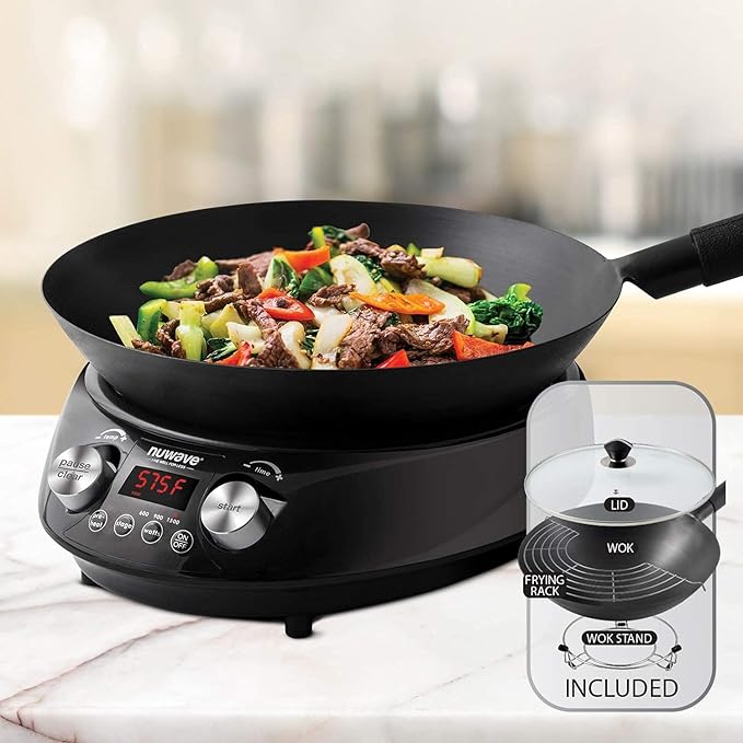 Nuwave Induction Wok, 3 Wattages 600, 900 & 1500, Precise Temp Controls from 100°F to 575°F in 5°F, Infuse Complex Charred Aroma & Flavor, Authentic 14-inch Carbon Steel Wok Included, Wok Hei
