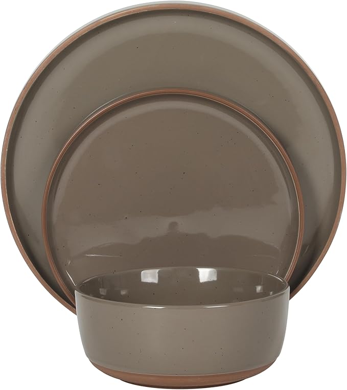 Gibson Elite Northrock Stoneware Dinnerware Set, 16-Piece Service for 4 Plates and Bowls Set – Gray Dishes with Hand-Painted Terracotta Base
