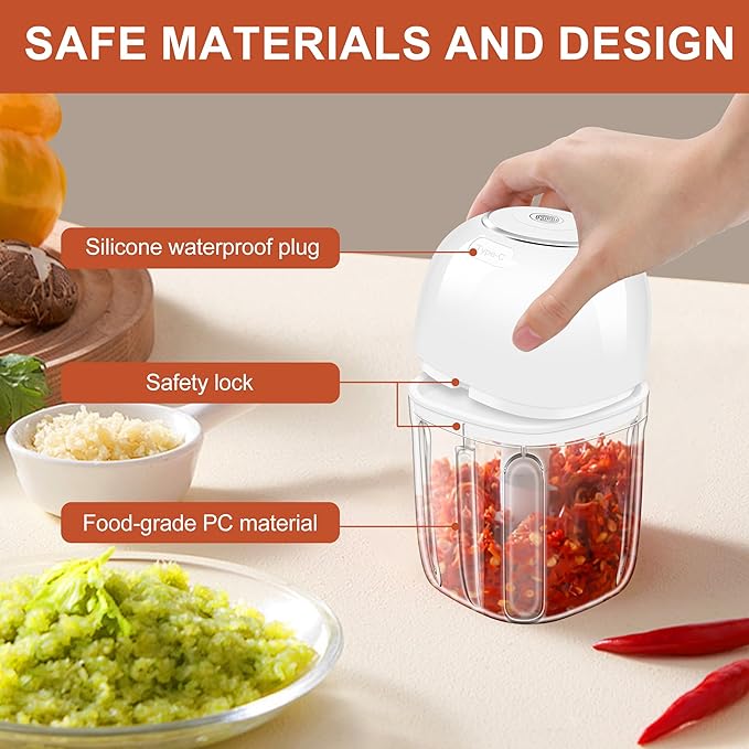 450ML Electric Garlic Chopper, Mini Portable Food Processor, Garlic Grinder Masher for Onion, Ginger, Chili, Fruit, Vegetable, Meat