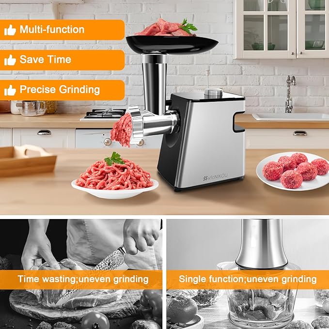Electric Meat Grinder, Cheese Grater, 2800W Max Stainless Steel Veggie Shredder, Vegetable Cutter with 5 Slice Blades, 3 Grinding Plates, Sausage Stuffer & Kubbe Kit, for Home Kitchen Use