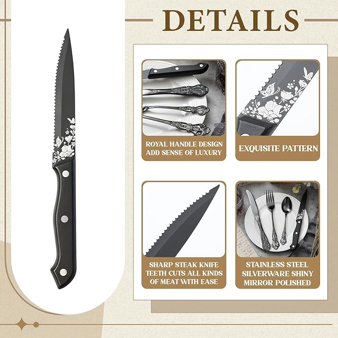 Black Gothic Silverware Set for 12, 72 Pcs Royal Silverware Flatware Set with Black Spoons Forks Knives, Stainless Steel Mirror Vintage Utensil, Dishwasher Safe