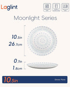 10.5 inch Dinner Plate Set of 6, Lightweight Round Opal Glass Dinnerware Plates, Dishwasher and Microwave Safe, Navy Geometric Floral Mandala Pattern