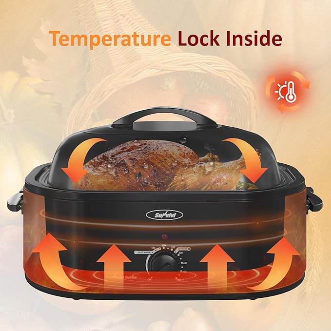Sunvivi 20-Quart Roaster Oven with Self-Basting Lid, Electric Turkey Roaster Oven with Removable Pan and Rack, Stainless Steel, Black