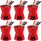 Mudder 6 Pieces Fondue Mug Ceramic Pot and 24 Pieces Forks Set for Melting Chocolate, Cheese, Broth or Tapas on Christmas Gift Valentine's Day(Red)