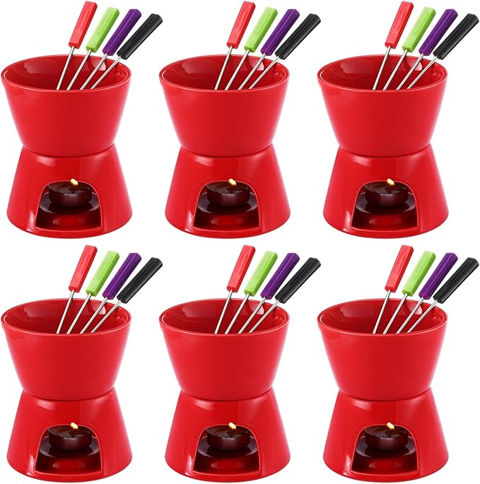 Mudder 6 Pieces Fondue Mug Ceramic Pot and 24 Pieces Forks Set for Melting Chocolate, Cheese, Broth or Tapas on Christmas Gift Valentine's Day(Red)