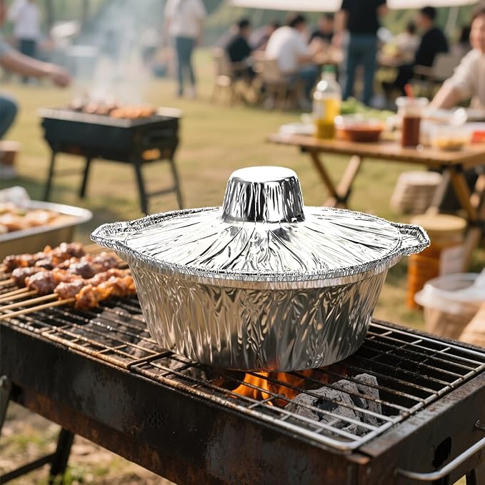 Frcctre 10 Pcs Disposable Aluminum Pot with LidS, Disposable 2 Liter Round Aluminum Foil Pan Food Container for Camping Vacation Trips Picnic Heating Cooking