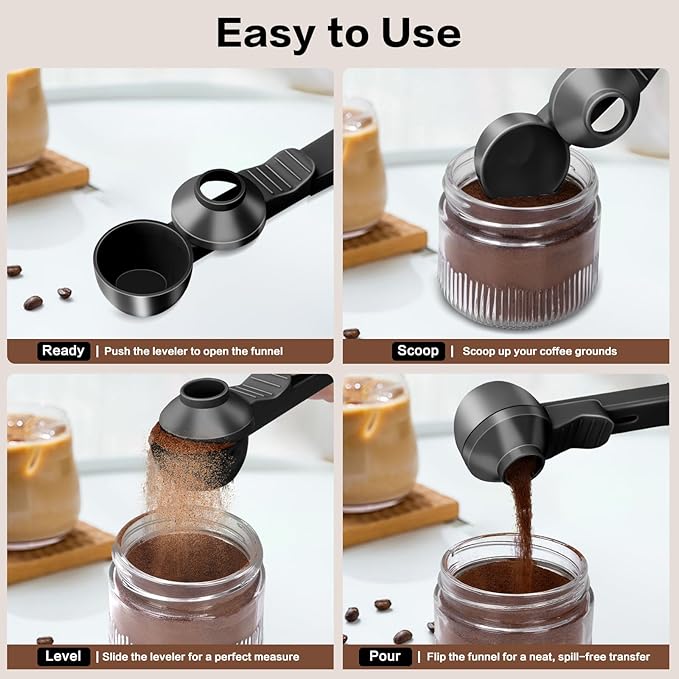 2-in-1 Coffee Scoop with Funnel, 2 Teaspoon Measuring Spoon for Reusable K Cups, Ground Coffee, Protein Powder & Tea, Mess-Free Plastic Design (Black)