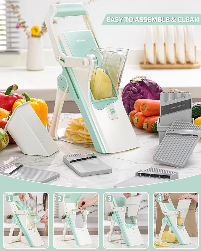 Safe Mandoline Slicer Upright Vegetable Chopper-Julienne Dicer for Kitchen, Potato Slicer, Adjustable Vegetable Cutter with Container, Multifunctional 6 in 1 Food Chopper (White)