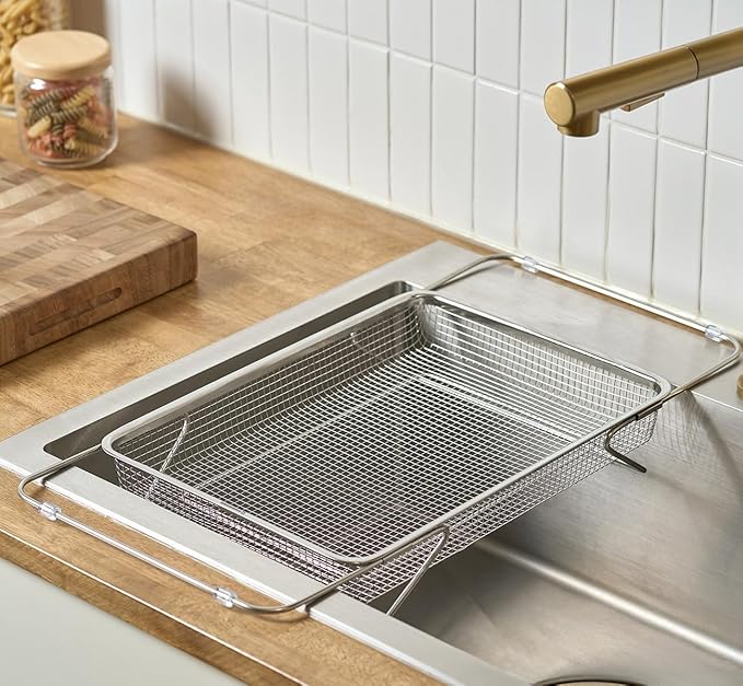 Extendable Dish Rack with Feet, Vegetable Colander Basket, Stainless Steel Dish or Silverware Drying Rack, Ultimate Kitchen Organizer Over The Sink (14.76 x 10.63 x 3.15 Inches)