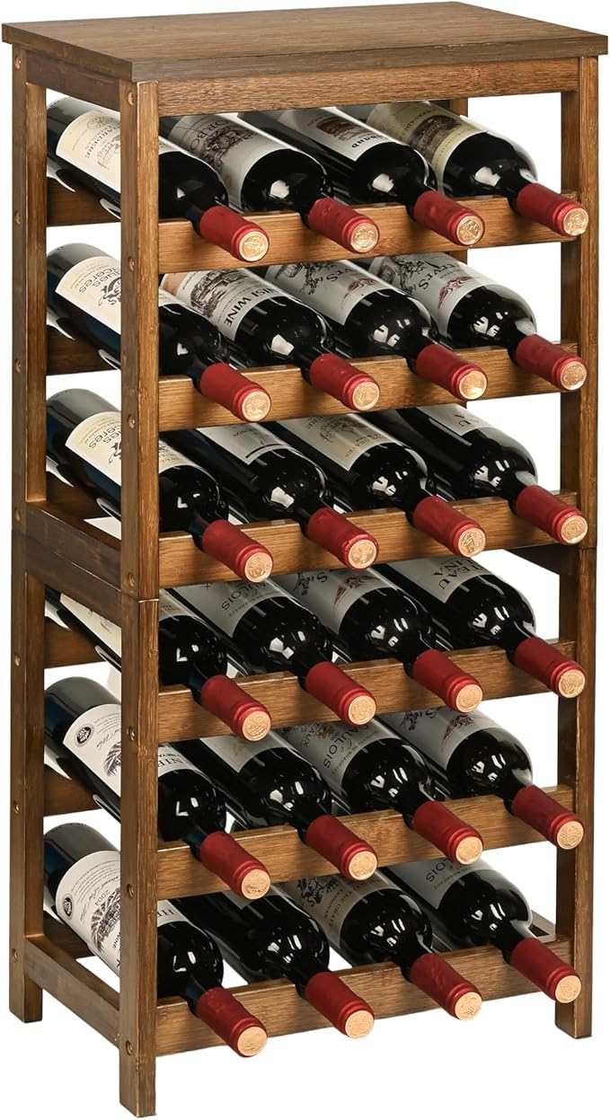 VASMIA Wine Rack Freestanding Floor, 6-Tier Display Wine Storage Shelves with Table Top, 24-Botttle Bamboo Wine Rack Shelf for Kitchen Bar Dining Room Living Room, Walnut