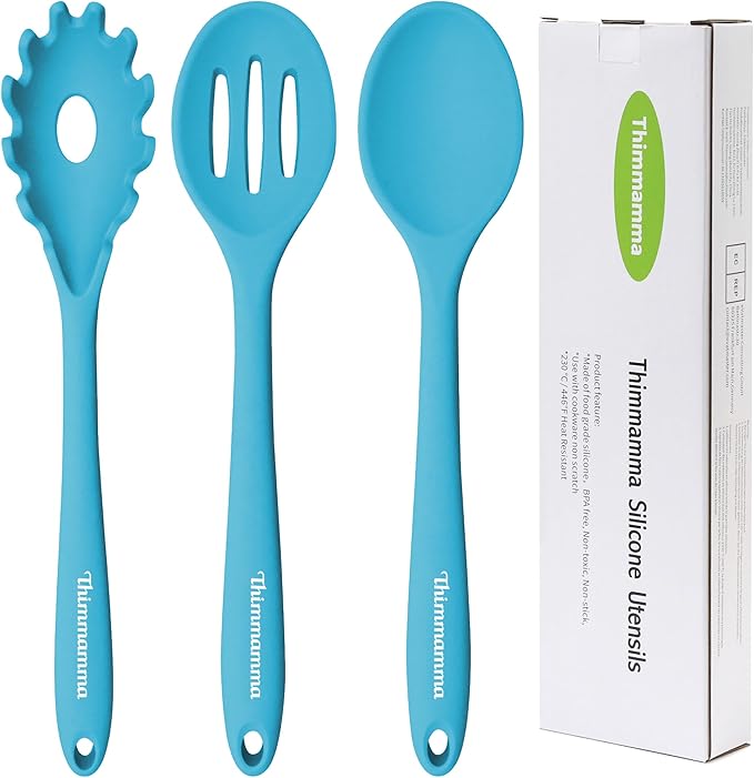 Silicone Cooking Spoons, Heat Resistant Large Silicone Pasta Slotted Spoon Solid Basting Spoon set for Nonstick Cookware, BPA Free Black Kitchen Silicone Spoons set for Mixing, Serving, Draining Blue