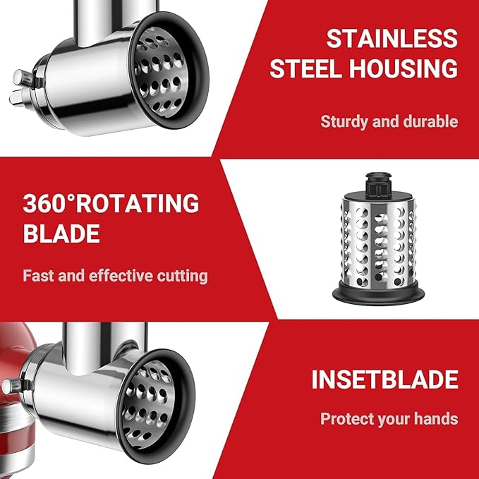 Stainless Steel Slicer Shredder Attachment for KitchenAid Stand Mixer, Salad Machine with Vegetable Slicer, Salad Maker, Grinding Powder, Cheese Grater by Cofun