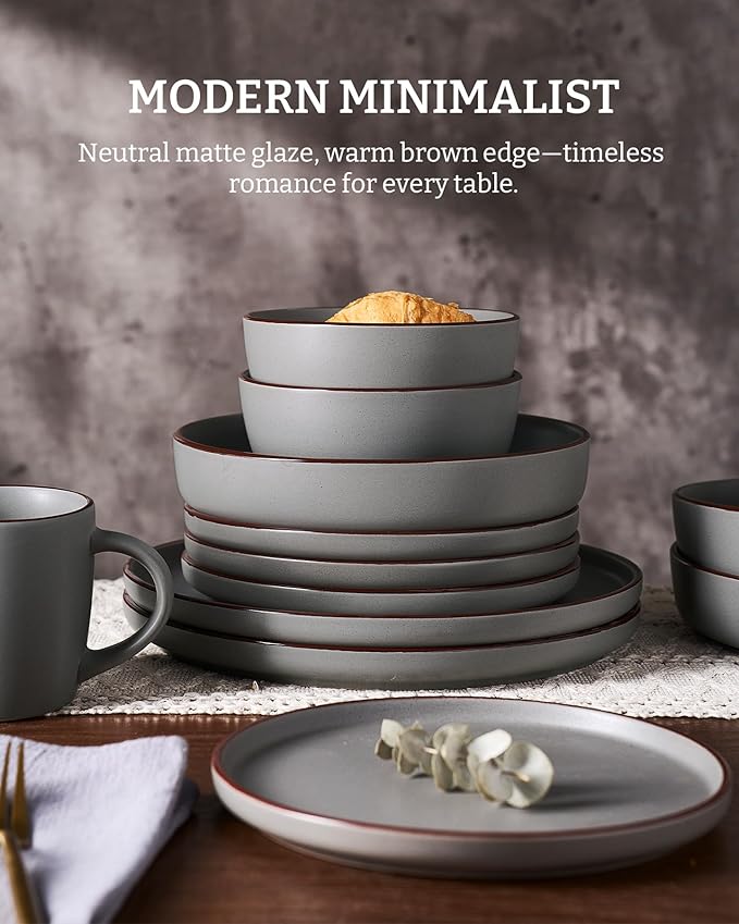 Famiware Mercury 24 Pieces Dinnerware Sets, Plates and Bowls Sets for 8, Microwave and Dishwasher Safe Dish Set, Dark Grey