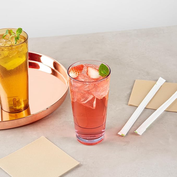 Restaurantware-Bev Tek 20 Ounce Clear Drinking Glasses, 10 Heavy-Duty Plastic Highball Glasses - Dishwashable, Stackable, Clear Plastic Cooler Glasses, For Serving Drinks At Catered Events