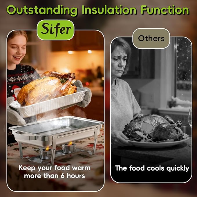 sifer Chafing Dishes for Buffet 4 Pack, 9 Qt Stainless Steel Chafing Dish Buffet Set with Folding Frame, Food Warmers for Parties, Catering Supplies, Weddings, and Christmas Buffets