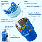 Bento Lunch Box for Kids with 17oz Soup Thermo,Insulated Tumbler Water Bottle and Insulated Lunch Bag,Leak-Proof 3 Compartment Lunch Food Container with with Ice Pack for Kids to School-Dinosaur