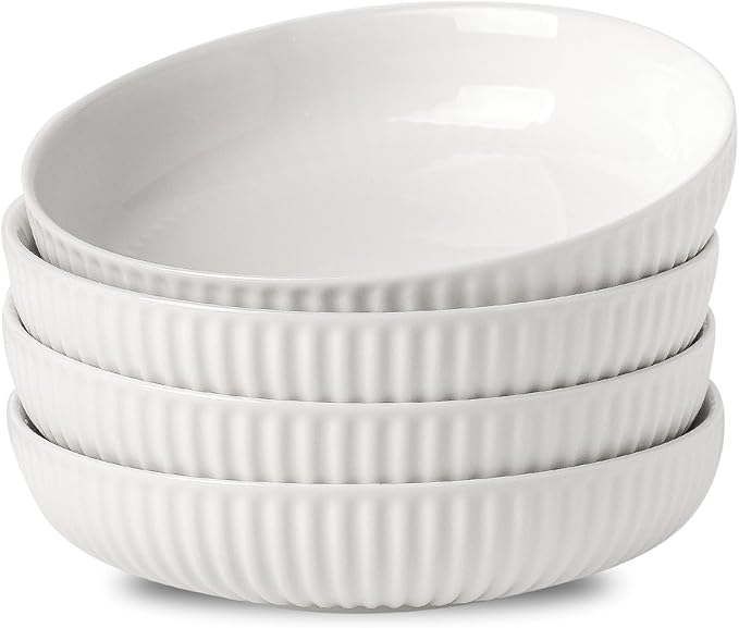 Hasense 8 Inch Pasta Bowls, 30 oz Ceramic Dinner Bowls Set of 4, Bowl Plates for Kitchen, Salad, Large Serving Bowl for Wedding & Housewarming Gift, Modern Bowls Microwave & Dishwasher Safe, White