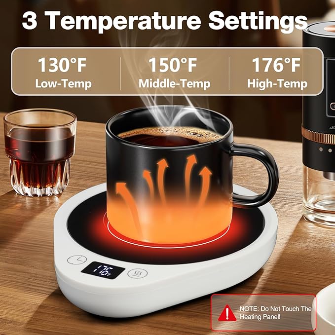 PUSEE Coffee Mug Warmer - Electric Large Candle Warmer Plate with 4H Auto Shut Off, 3-Temp Settings Cup Heater for Desk, Tea, Milk, Cocoa (W4-White)