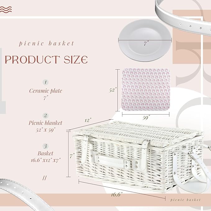 Picnic Basket Set for 4 with Waterproof Blanket Mat Insulation Bag Wicker Floral Elegant Classic Fresh White Pink Gift for Wedding Birthday Summer Camp Outdoor Camping Beach Travel Christmas