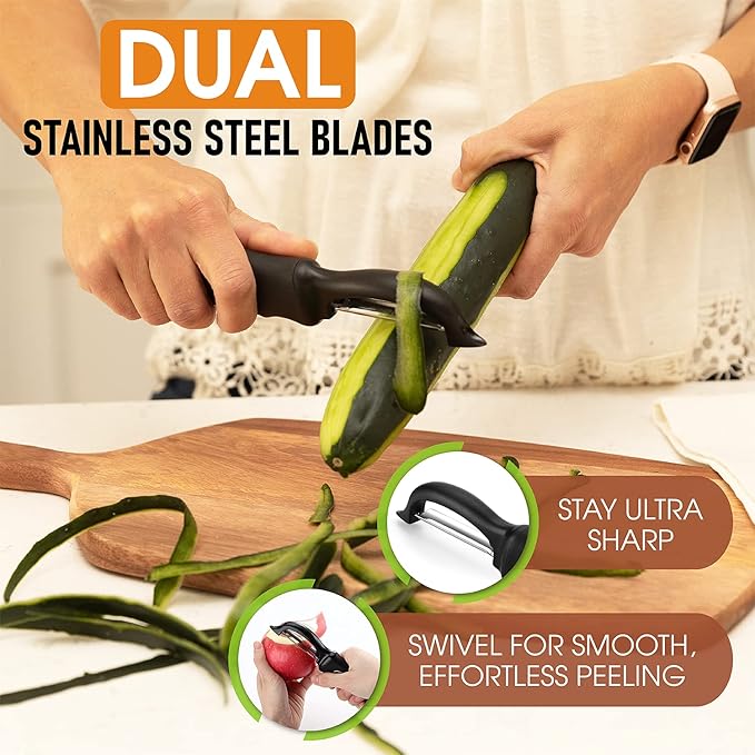 Spring Chef Premium Swivel Vegetable Peeler, Soft Grip Handle and Ultra Sharp Stainless Steel Blades - Perfect Kitchen Peeler For Veggie, Fruit, Potato, Carrot, Apple - Black
