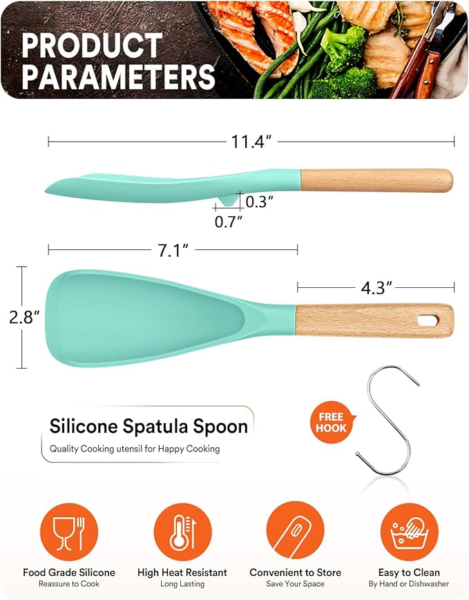 Cooking Spoon for Nonstick Cookwares, Great for Cooking and Serving Sturdy BPA-Free Matte Silicone, Wood Handle Spoon for Mixing, Scoop, and Scrape (GREEN)