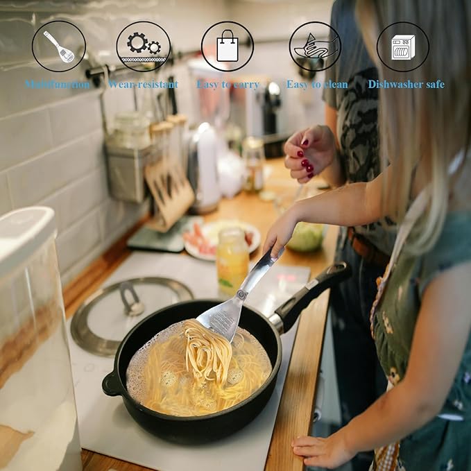 Slotted Spoon,304 Stainless Steel Multi-Functions Cooking Skimmer,Spaghetti Pasta Server Spoon,Ginger Crusher,Potato Press Tool,Egg Separator,Disher Scoop for Kitchen Utensil (Style A)