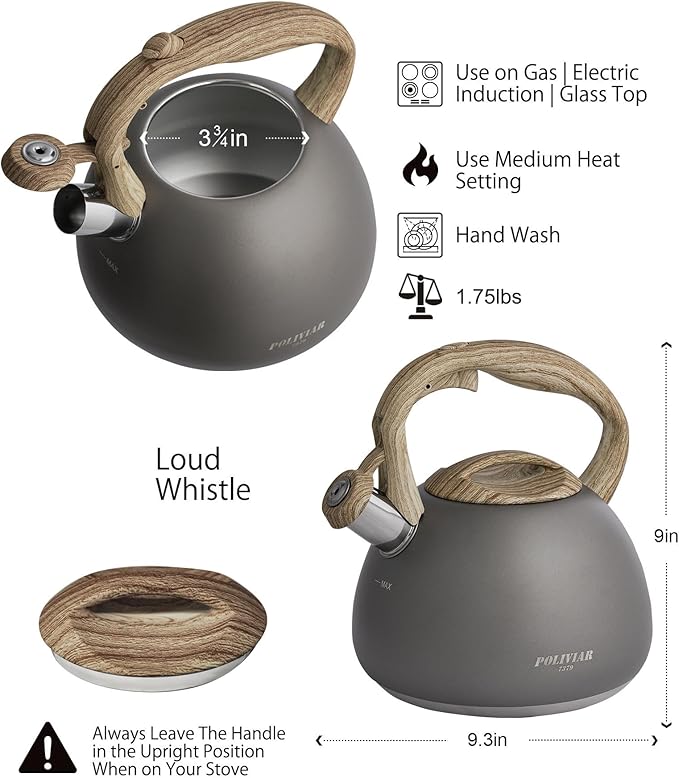 POLIVIAR Tea Kettle, Iron Grey Tea Pot Stovetop, 2.7 Quart Loud Whistling Coffee and Teapot, Food Grade Stainless Steel for Anti-Hot Handle and No-Rust, Suitable for All Heat Sources (JX2020-QB30)